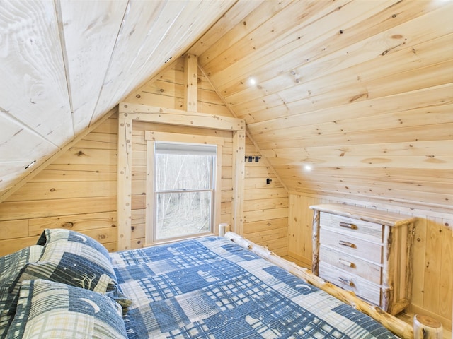 bedroom with wood walls, lofted ceiling, and wood ceiling
