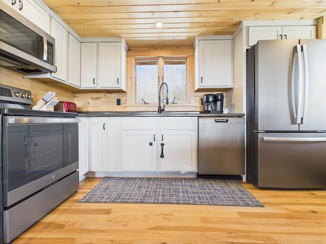 kitchen with stainless steel appliances, wood ceiling, a sink, dark countertops, and white cabinets