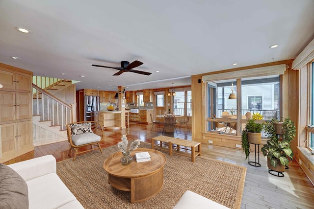 5 Great Boars Head Ave, Hampton, NH 03842 - living area with light wood-type flooring, stairs, recessed lighting, and ceiling fan