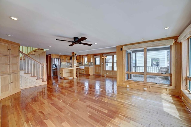 5 Great Boars Head Ave, Hampton, NH 03842 - unfurnished living room with light wood-style floors, stairway, a ceiling fan, and recessed lighting