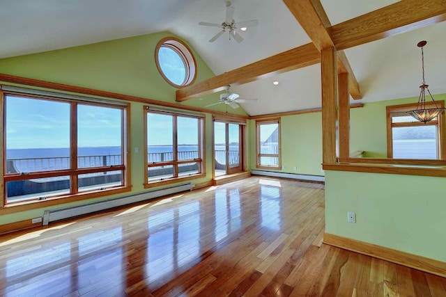 5 Great Boars Head Ave, Hampton, NH 03842 - unfurnished living room featuring a baseboard radiator, a baseboard heating unit, ceiling fan, wood-type flooring, and baseboards