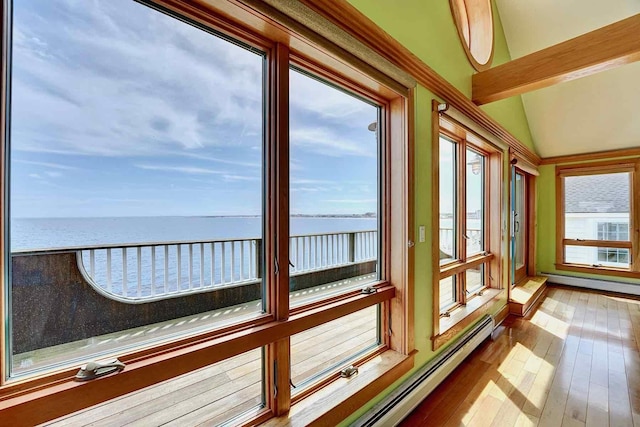 5 Great Boars Head Ave, Hampton, NH 03842 - unfurnished sunroom featuring hardwood / wood-style floors, a water view, lofted ceiling, and a baseboard heating unit