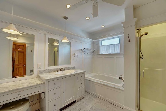 5 Great Boars Head Ave, Hampton, NH 03842 - full bathroom featuring a stall shower, a garden tub, ceiling fan, vanity, and recessed lighting