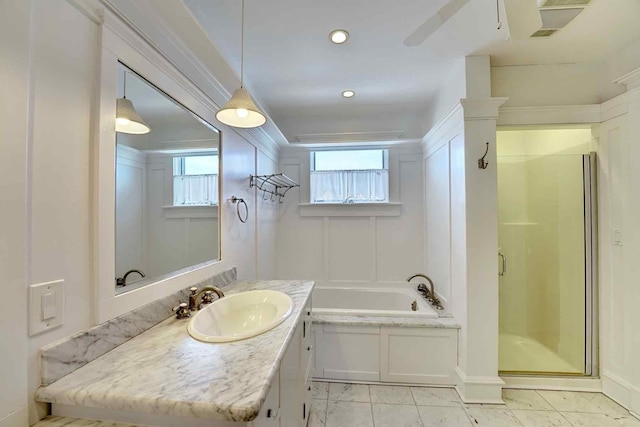 5 Great Boars Head Ave, Hampton, NH 03842 - bathroom featuring a shower stall, vanity, a bath, marble look tile flooring, and recessed lighting