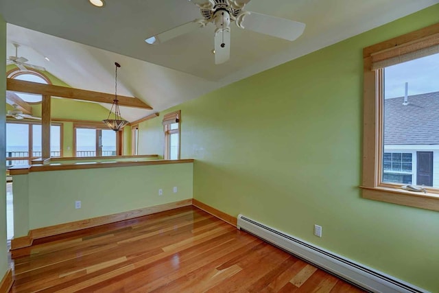5 Great Boars Head Ave, Hampton, NH 03842 - unfurnished room with a baseboard radiator, ceiling fan, wood finished floors, vaulted ceiling, and baseboards