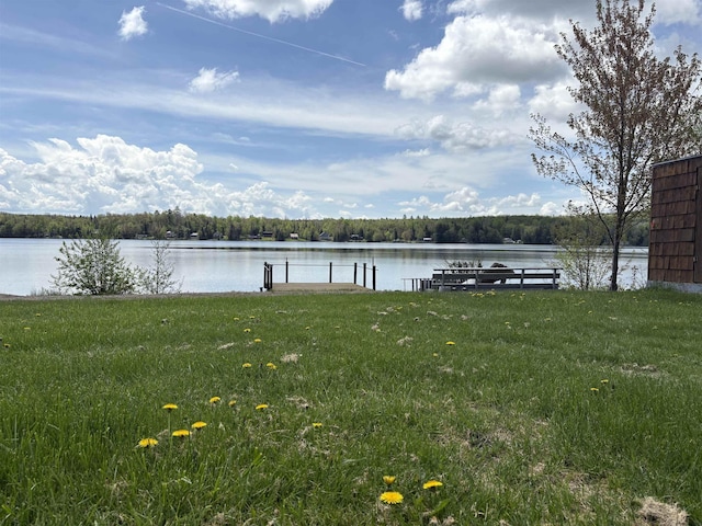dock featuring a water view, a yard, and a view of trees