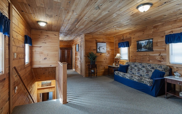 16 Pine Tree Rd, Newport, NH 03773 - carpeted living room featuring wood walls and wooden ceiling