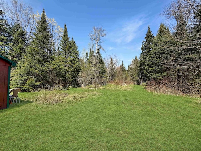view of grassy yard featuring a view of trees