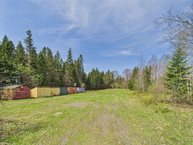 view of grassy yard featuring a storage unit, an outdoor structure, and a view of trees