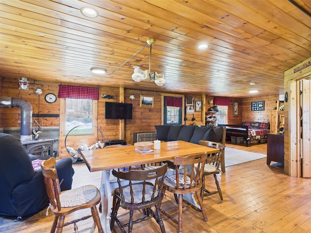 dining room with a wood stove, wooden ceiling, wooden walls, and hardwood / wood-style flooring