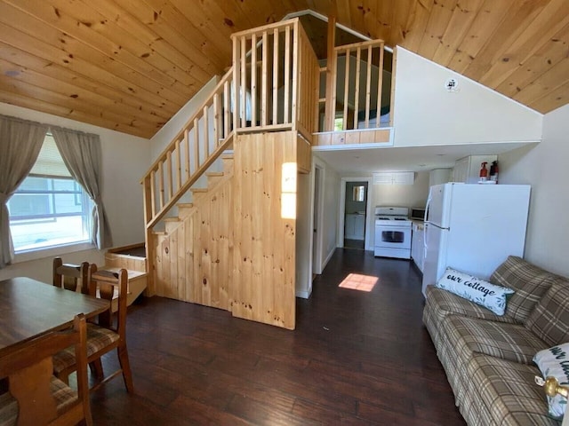 living room with dark wood-style flooring, stairway, high vaulted ceiling, and wooden ceiling