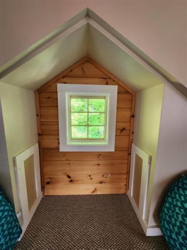 additional living space with wooden walls and vaulted ceiling