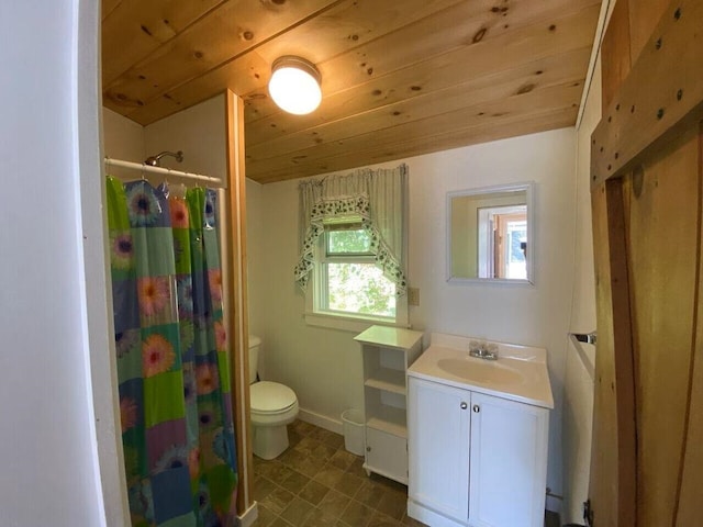 bathroom with toilet, a shower with curtain, vanity, lofted ceiling, and wooden ceiling