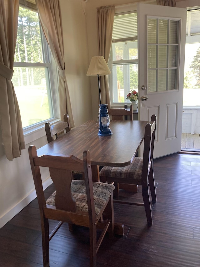 dining area featuring healthy amount of natural light and dark wood finished floors