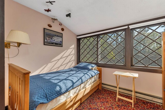 148 Lucerne Ave Unit 15, Laconia, NH 03246 - bedroom featuring baseboard heating, lofted ceiling, and carpet flooring