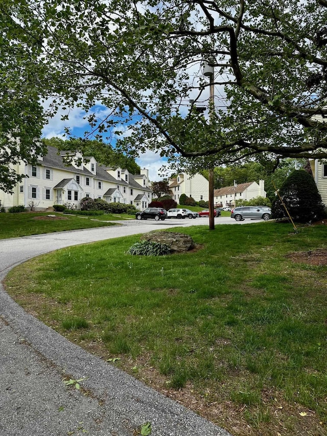 view of grassy yard featuring a residential view