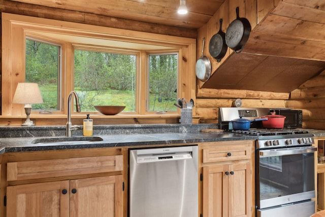 kitchen featuring stainless steel appliances, a sink, wood ceiling, healthy amount of natural light, and log walls