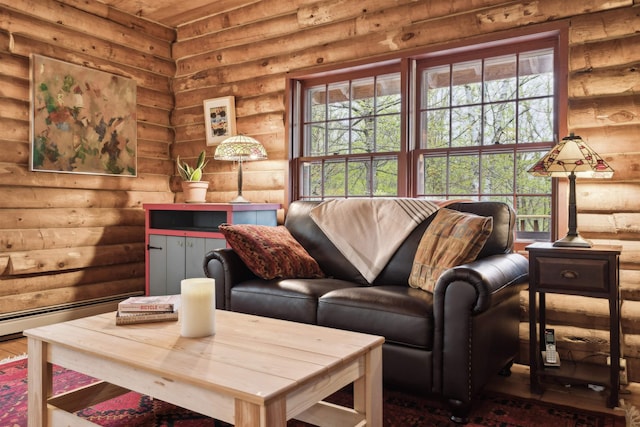living room featuring log walls, healthy amount of natural light, and dark wood-type flooring