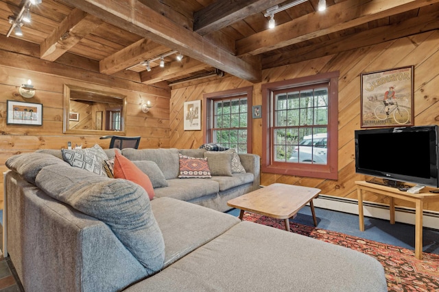living area with track lighting, wood ceiling, wooden walls, beam ceiling, and baseboard heating