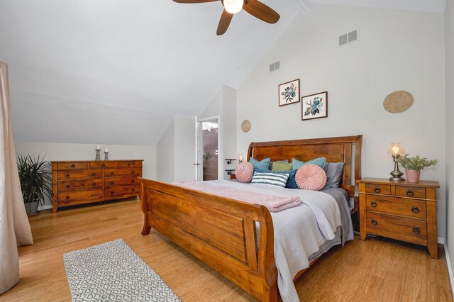 204 Chase Way, Manchester, NH 03104 - bedroom with light wood-type flooring, high vaulted ceiling, beamed ceiling, and a ceiling fan