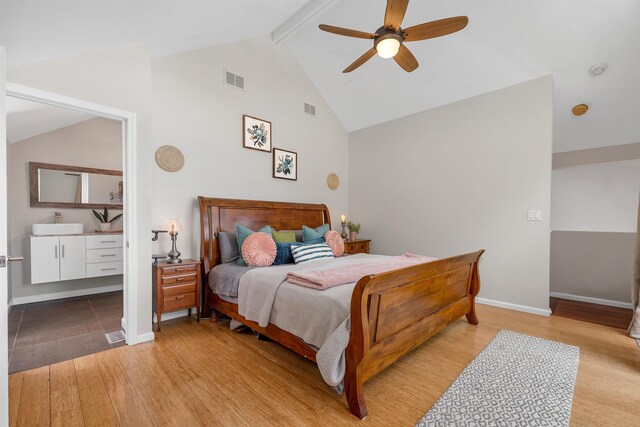 204 Chase Way, Manchester, NH 03104 - bedroom featuring light wood-style flooring, beam ceiling, baseboards, high vaulted ceiling, and a ceiling fan