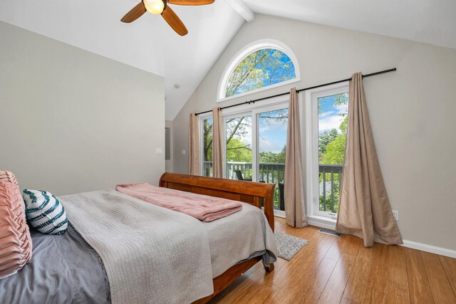 204 Chase Way, Manchester, NH 03104 - bedroom featuring beam ceiling, high vaulted ceiling, light wood-style flooring, access to exterior, and a ceiling fan