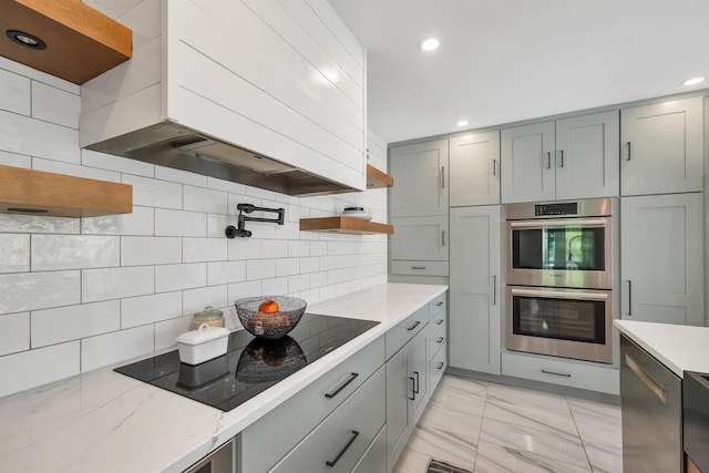 204 Chase Way, Manchester, NH 03104 - kitchen featuring gray cabinets, open shelves, double oven, black electric cooktop, and recessed lighting