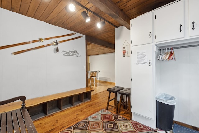 46 Crestwood Dr, Conway, NH 03860 - mudroom featuring wooden ceiling, beamed ceiling, and hardwood / wood-style floors