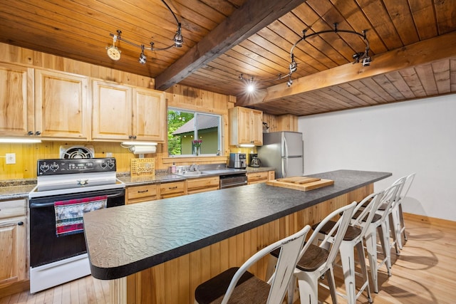 46 Crestwood Dr, Conway, NH 03860 - kitchen with electric range, freestanding refrigerator, wooden ceiling, rail lighting, and dishwashing machine