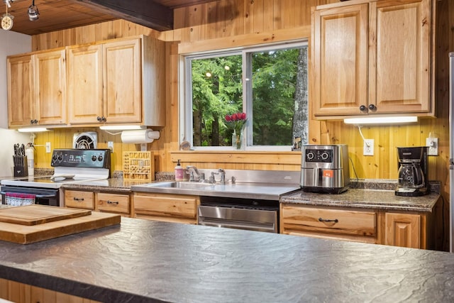 46 Crestwood Dr, Conway, NH 03860 - kitchen with range with electric stovetop, wooden walls, light brown cabinets, a sink, and beam ceiling