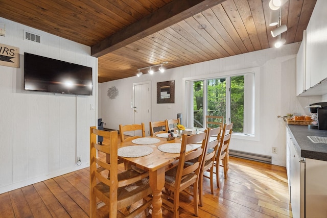 46 Crestwood Dr, Conway, NH 03860 - dining area featuring light wood finished floors, track lighting, baseboard heating, wood ceiling, and wooden walls