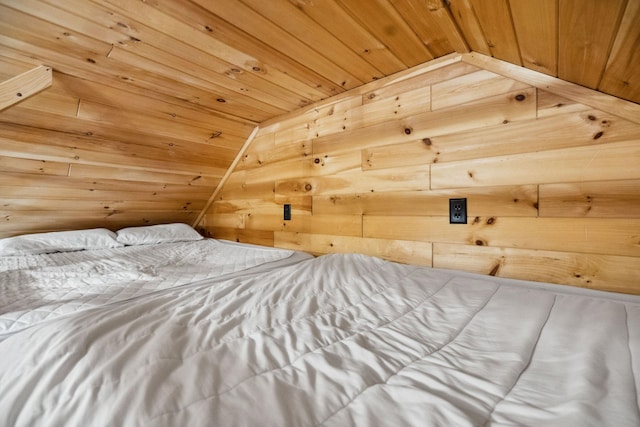 46 Crestwood Dr, Conway, NH 03860 - bedroom featuring wood ceiling, lofted ceiling, and wood walls