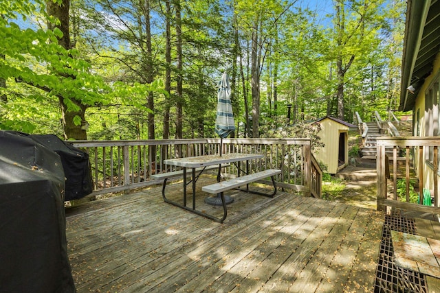 46 Crestwood Dr, Conway, NH 03860 - wooden terrace with a storage shed, an outbuilding, and stairway
