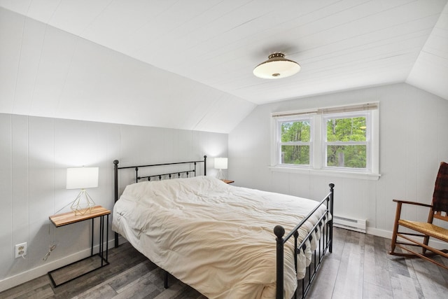 46 Crestwood Dr, Conway, NH 03860 - bedroom with a baseboard heating unit, lofted ceiling, hardwood / wood-style floors, and baseboards