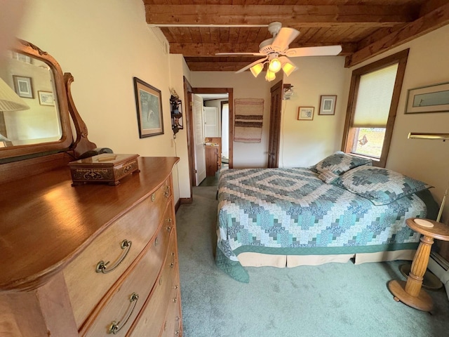 133 Ben Dexter Rd, Topsham, VT 05076 - bedroom featuring wooden ceiling, dark colored carpet, beam ceiling, and a ceiling fan
