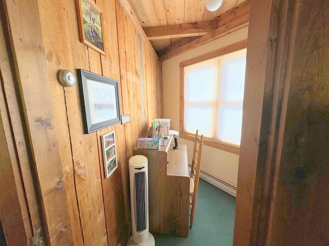 133 Ben Dexter Rd, Topsham, VT 05076 - miscellaneous room featuring wooden ceiling, baseboard heating, wood walls, carpet, and beamed ceiling