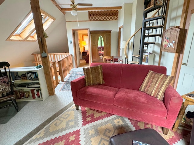 133 Ben Dexter Rd, Topsham, VT 05076 - living area featuring a ceiling fan, healthy amount of natural light, carpet floors, a skylight, and lofted ceiling