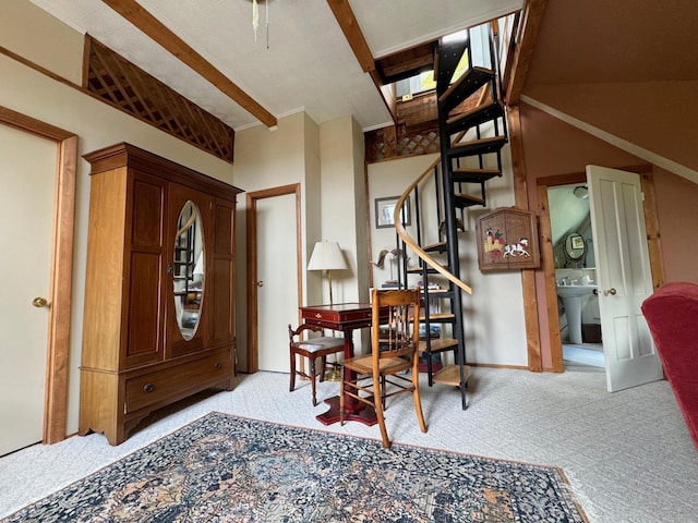 133 Ben Dexter Rd, Topsham, VT 05076 - foyer featuring light carpet, stairs, and beam ceiling