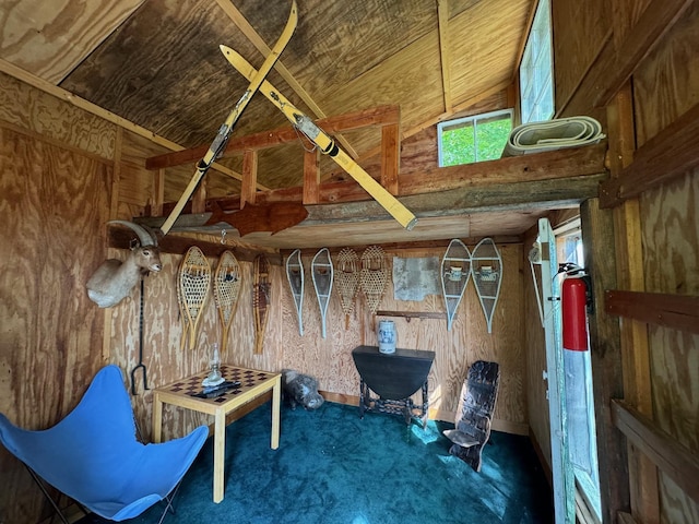 133 Ben Dexter Rd, Topsham, VT 05076 - interior space featuring wood walls, carpet floors, and wood ceiling