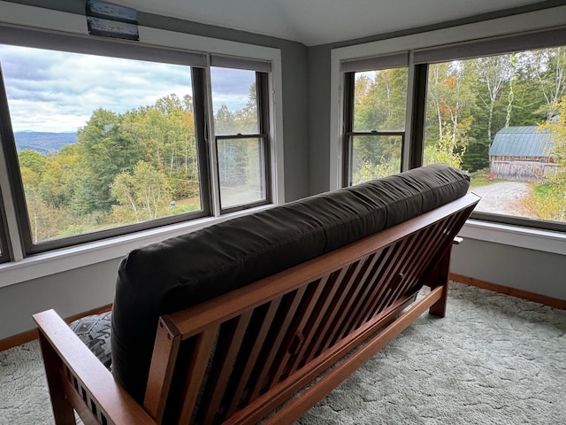 133 Ben Dexter Rd, Topsham, VT 05076 - living area featuring carpet flooring, baseboards, and vaulted ceiling