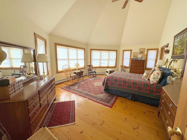 133 Ben Dexter Rd, Topsham, VT 05076 - bedroom with light wood-style floors, high vaulted ceiling, and a ceiling fan