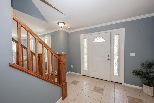 126 Oakcrest Ln, Gilmanton, NH 03237 - foyer entrance featuring a baseboard radiator, crown molding, light tile patterned floors, baseboards, and stairs