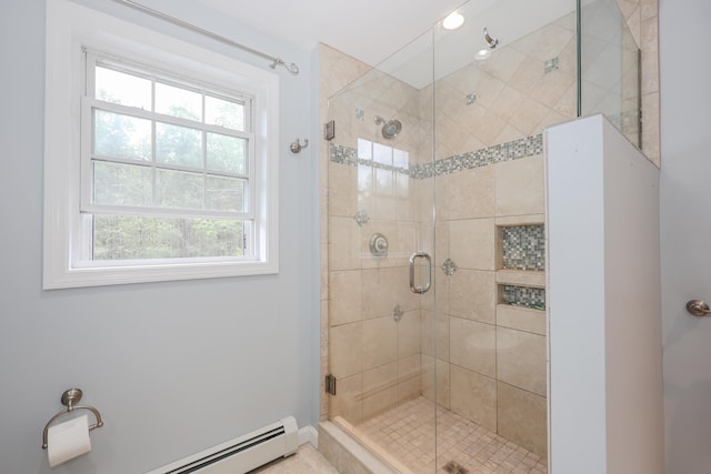126 Oakcrest Ln, Gilmanton, NH 03237 - bathroom with a shower stall and a baseboard heating unit