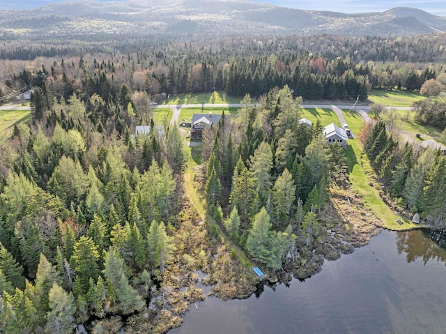 aerial overview of property's location featuring a forest and a water and mountain view