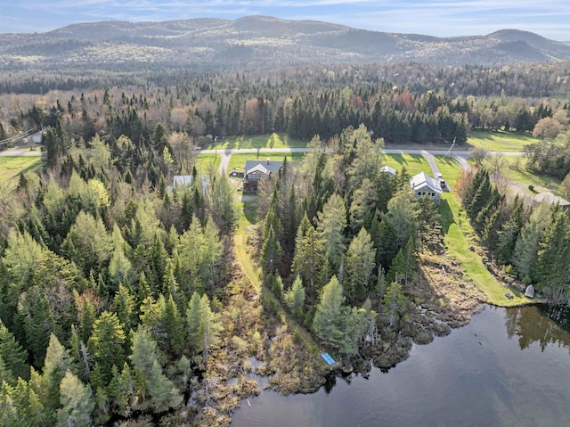 aerial view of property and surrounding area featuring a forest and a water and mountain view