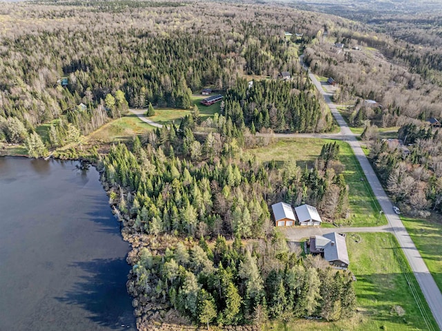 view of property location with a heavily wooded area and a nearby body of water