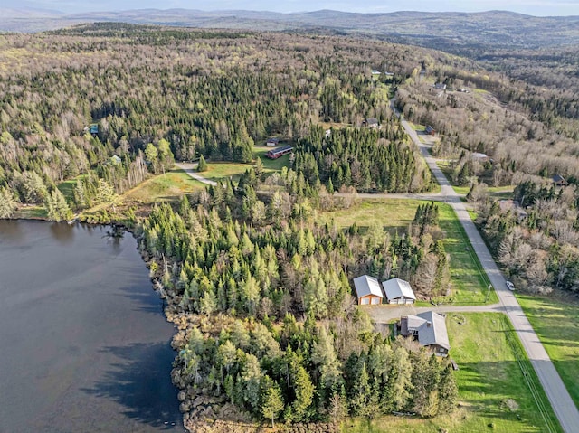 aerial view of property's location featuring a heavily wooded area and a water and mountain view