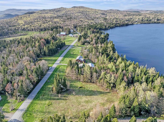 aerial view of property and surrounding area featuring a water and mountain view and a heavily wooded area