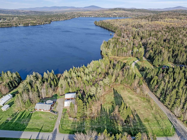 aerial view of property's location with a heavily wooded area and a water and mountain view