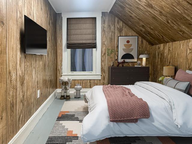 16 Shurtleff Pl, Barre City, VT 05641 - bedroom featuring wood walls, vaulted ceiling, and wood ceiling
